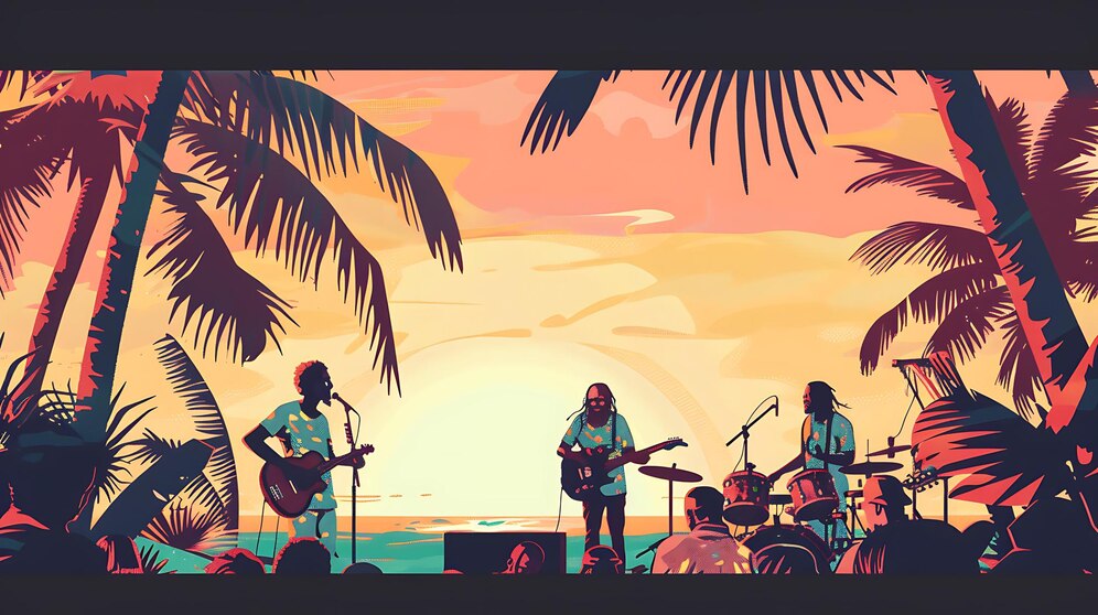 Band performing live at sunset with palm trees framing the stage.